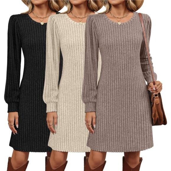 Dresses & Skirts - 3 Pack Women's Long Sleeve Sweater Dress Ribbed Knit Crew Neck Tunic Dress